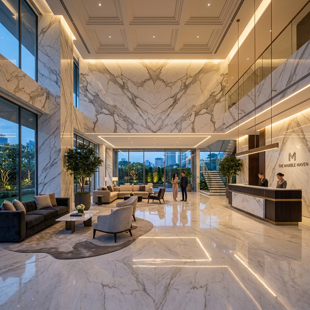 Bodrum Lüks Otel Lobisi Book-Matched Mermer Uygulaması